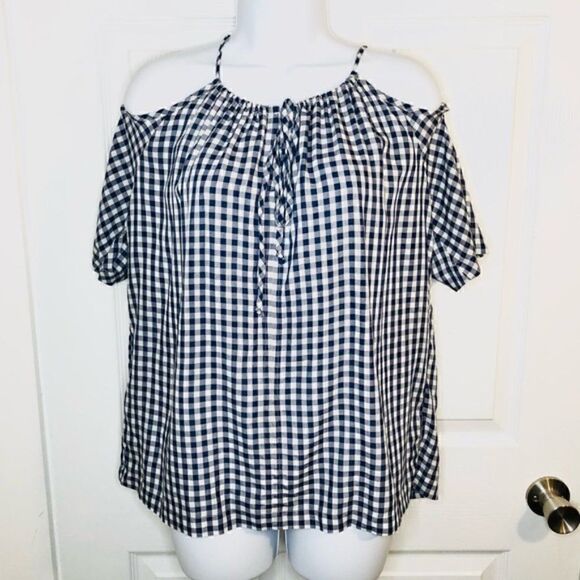 Velvet Graham & Spencer Gingham Cold Shoulder Top Blue White XS - Picture 6 of 12